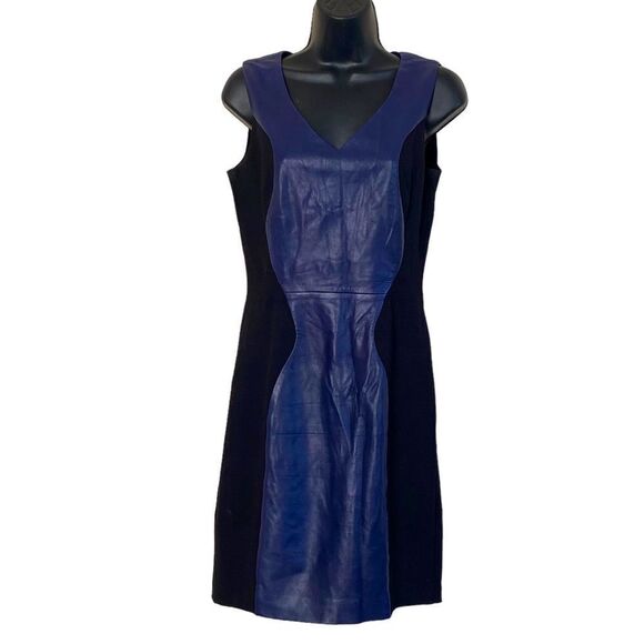 Renvy Blue Leather Inset Black Sleeveless Sheath Dress Sz 6 - Picture 1 of 8
